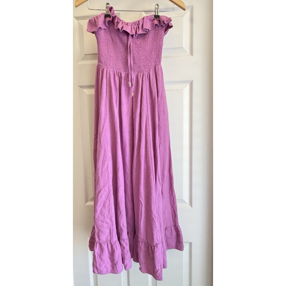 Free People Maxi Dress  Small Purple Linen Smocked Ruffle Boho Strapless - Picture 2 of 9